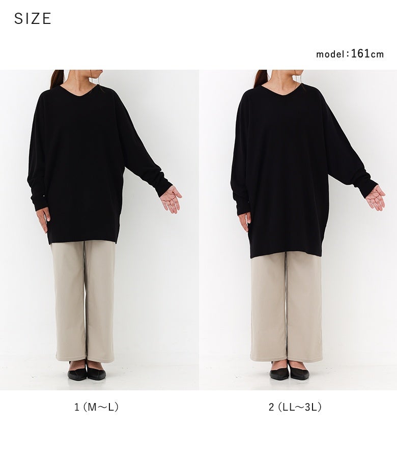 1（M～L）と2（LL～3L）の着用サイズ比較。着丈や身幅のサイズ感を選ぶことで、お好みのシルエットやレイヤードのスタイルに合わせた着こなしを楽しめます。