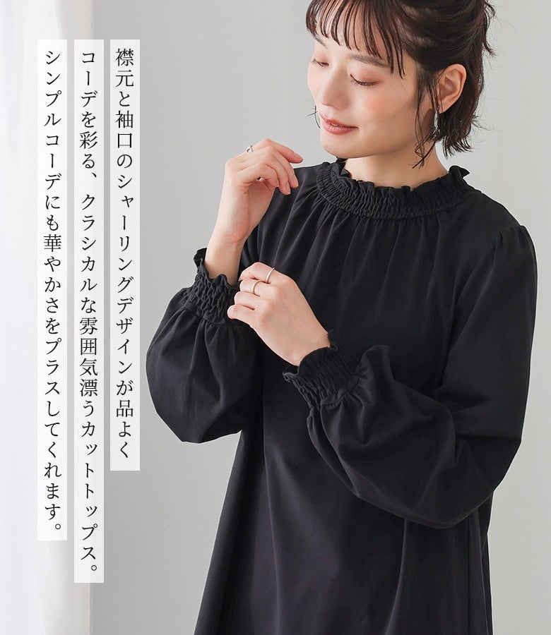 襟元と袖口のシャーリングデザインが品よく首元や手元を彩る長袖トップス。クラシカルで上品な雰囲気を漂わせ、シンプルなパンツやスカートと合わせるだけで着こなしに華やかさをプラスします。