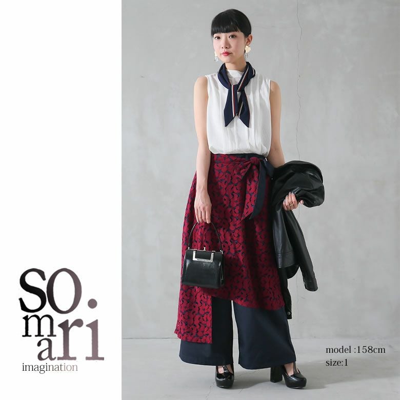 somari imagination配色レース巻きスカート風ワイドパンツ』