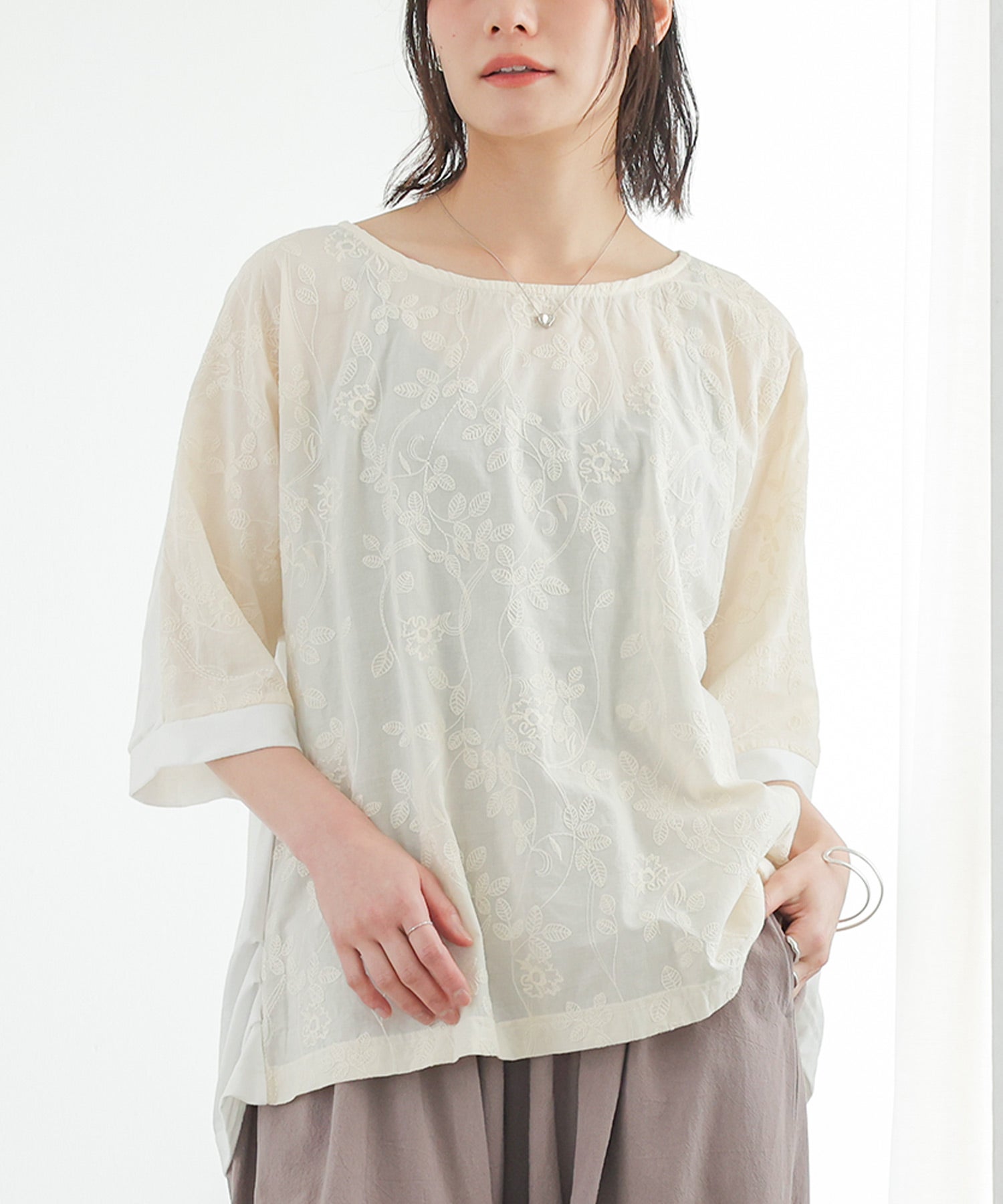 n'OrLABEL贅沢コットン刺繍ドルマンTシャツ』