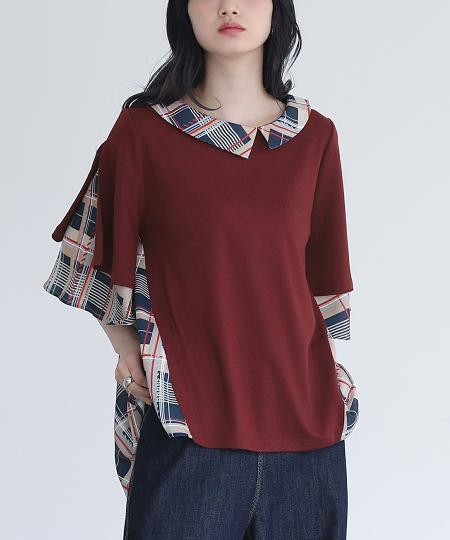 JUNYA WATANABE 赤 チェック柄 アシンメトリー半袖Tシャツ S somari imaginationアシメ襟チェック柄フレアTシャツ』