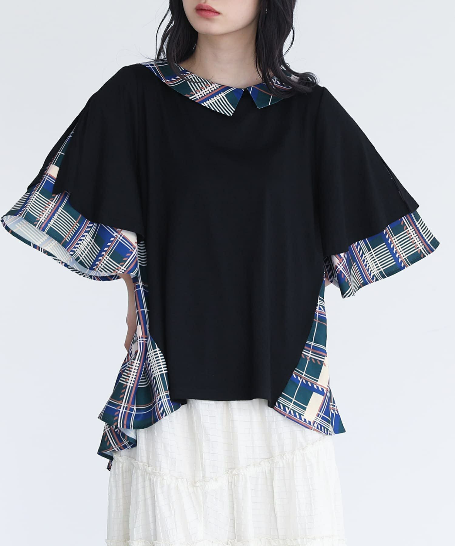 somari imaginationアシメ襟チェック柄フレアTシャツ』