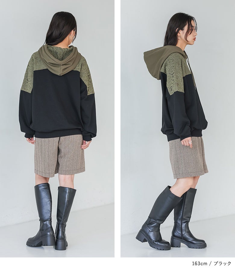 ブラックのレース切替パーカー。異素材切替の綺麗なバランスと程よい丈感が、ハーフパンツやロングブーツとも相性良く決まり、洗練された大人のカジュアルを演出します。