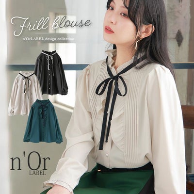 nOrLABEL(ノアールレーベル)リボンタイ付きピンタックフリルブラウス