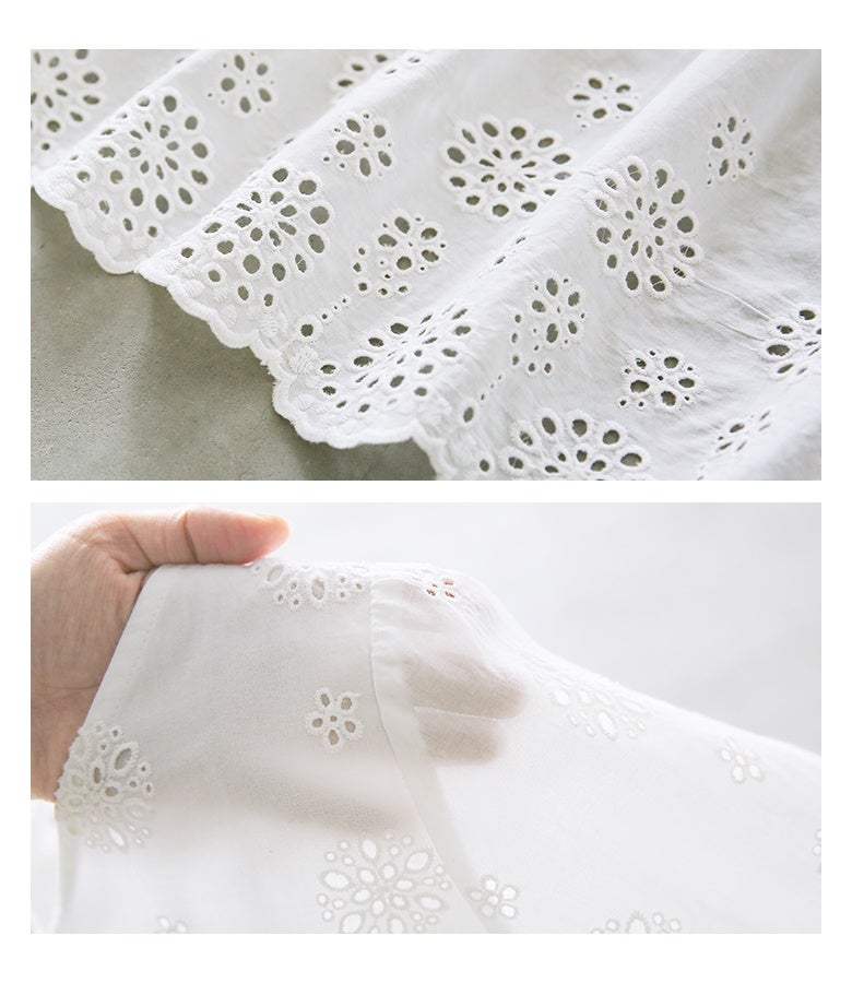 ナチュラルで清涼感のあるコットン100％の刺繍レース生地。透け感のある軽やかなカットワーク刺繍が涼しげな風合いを醸し出し、肌触りも優しくロングシーズン重宝します。