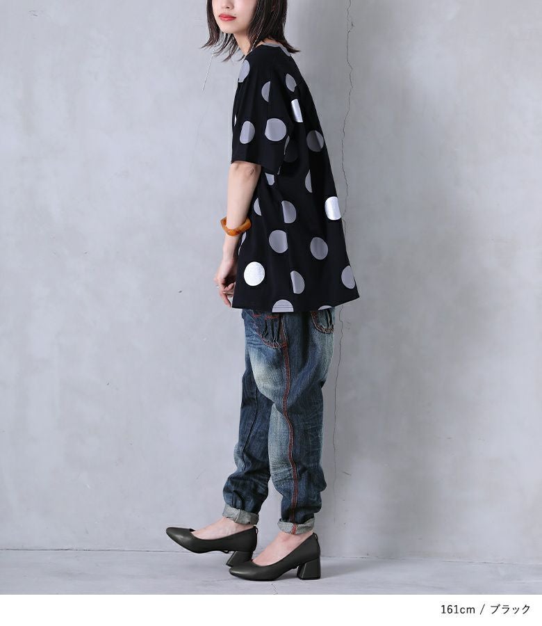 SOOR PLOOM ドット柄 Tシャツ 92cm レギュラーカラー ドット柄 シャツ 長袖 メンズ レディース 水玉 白 黒