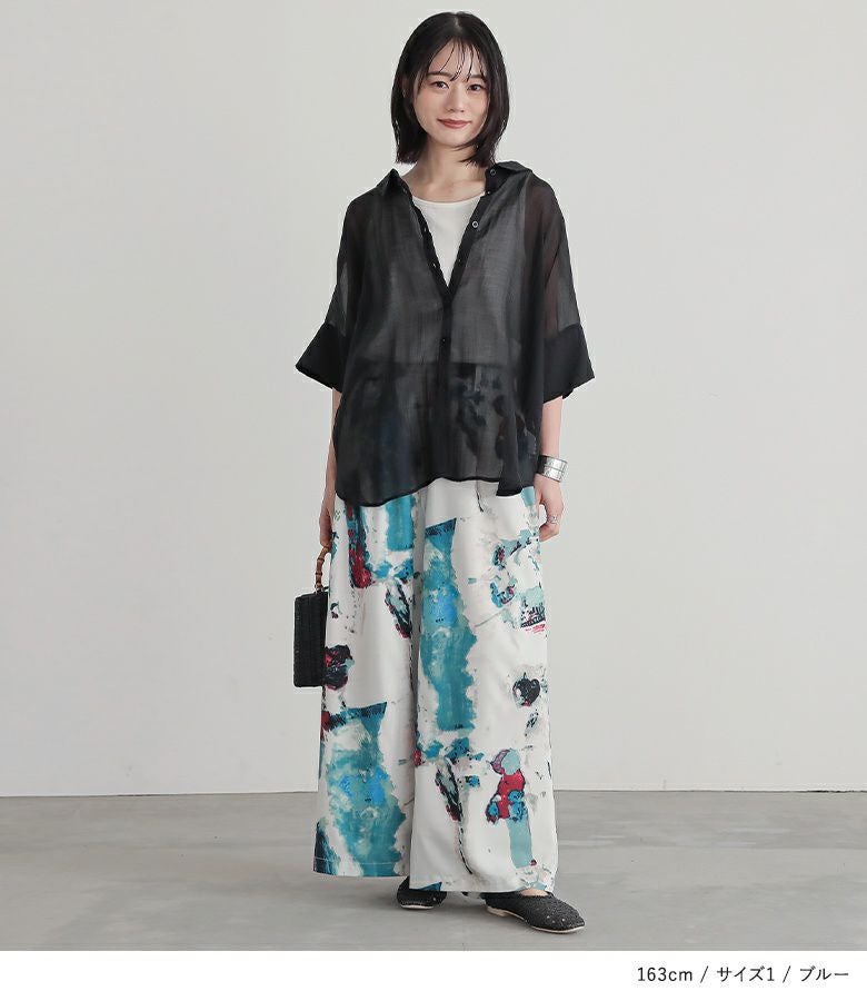 n'OrLABEL水彩アートプリントワイドパンツ』