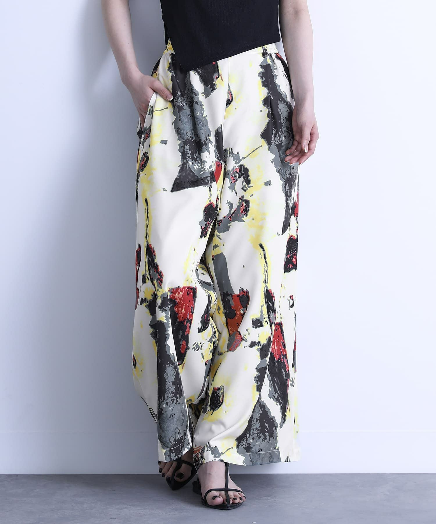 n'OrLABEL水彩アートプリントワイドパンツ』