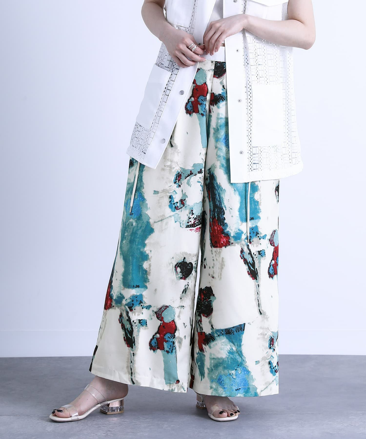 n'OrLABEL水彩アートプリントワイドパンツ』