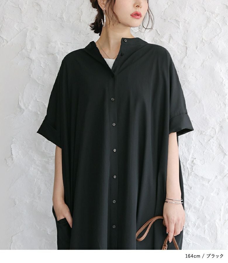 n'OrLABELバンドカラー半袖シャツワンピース』レディースファッション