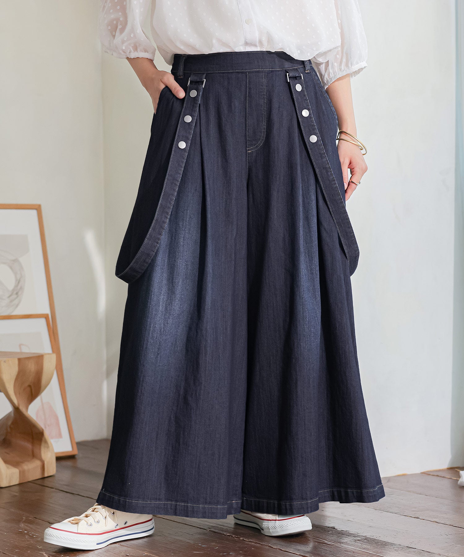 n'OrLABELひんやり冷感UVサスペンダー付きワイドデニムパンツ』