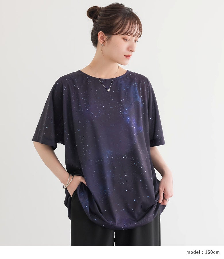 宇宙デザイン ネイビー Tシャツ 半袖 n'OrLABELコスモ柄プリントTシャツ』レディースファッション通販サイト