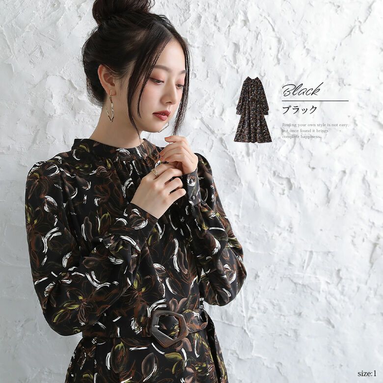 n'OrLABELベルト付き総柄レトロワンピース』