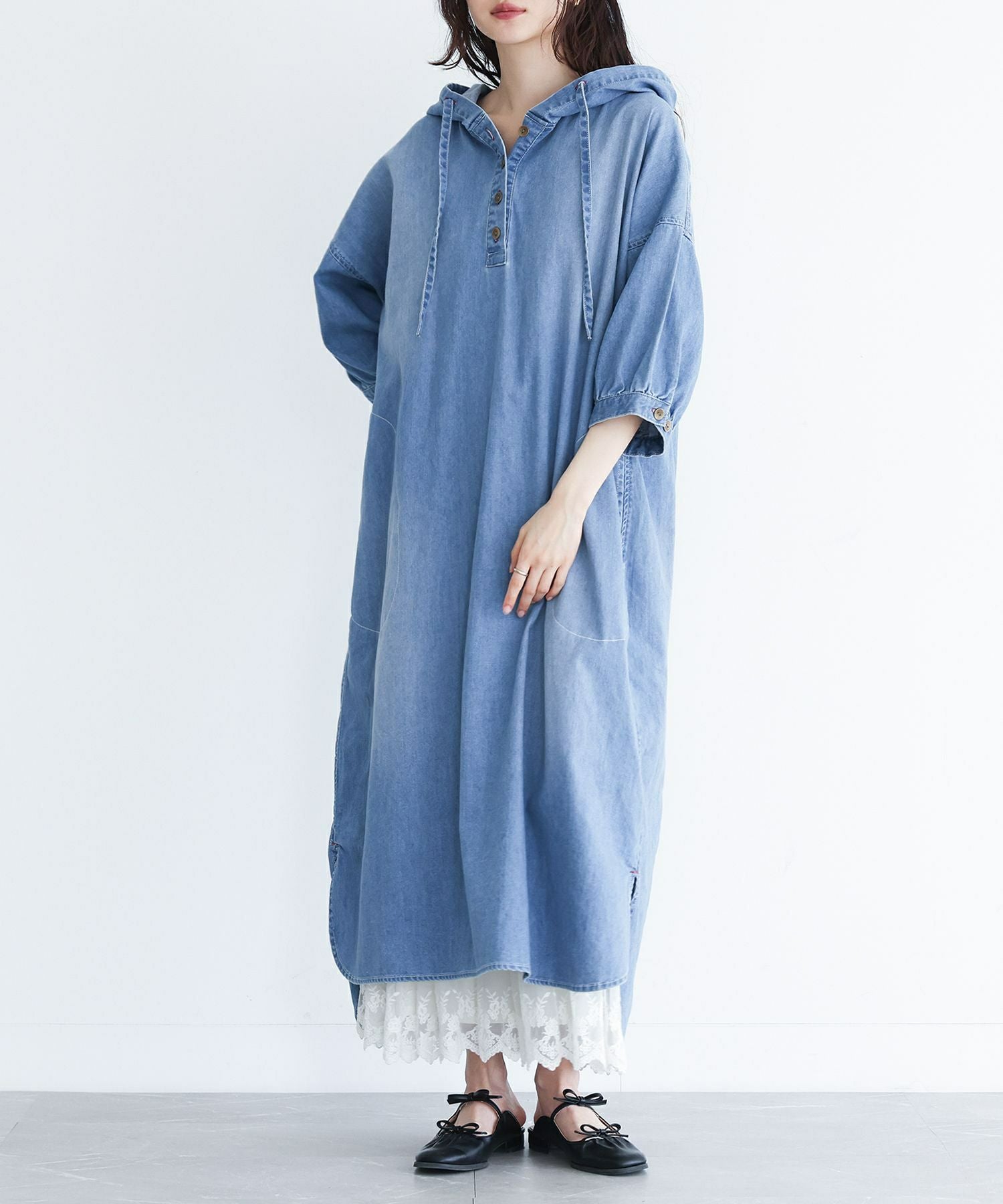 somari imaginationデニムフード6分袖ワンピース』