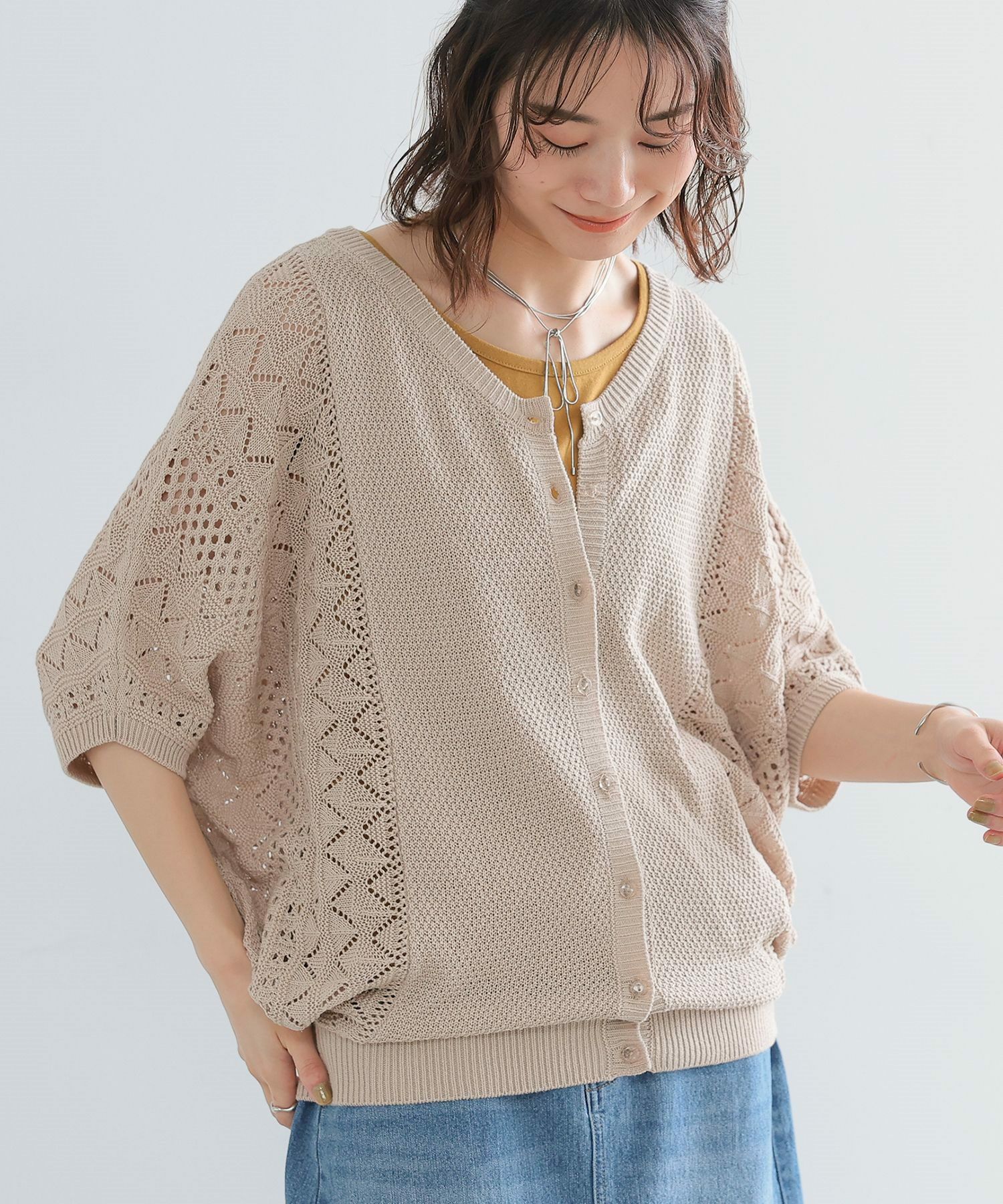 n'OrLABEL透かし編みドルマンニット2wayカーディガン』