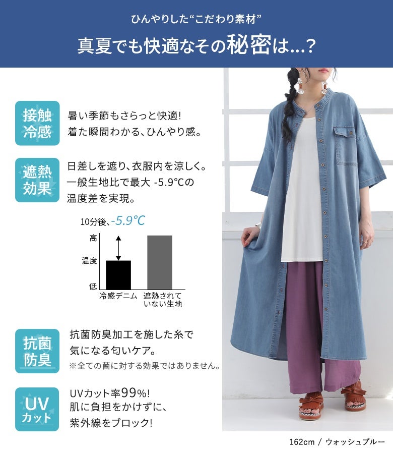 最大-5.9℃の遮熱効果やUVカット率99％、接触冷感と抗菌防臭を備えた半袖デニムシャツワンピース。Tシャツとカラーパンツの上にサッと羽織れば、夏の日差し対策もおしゃれに決まります。