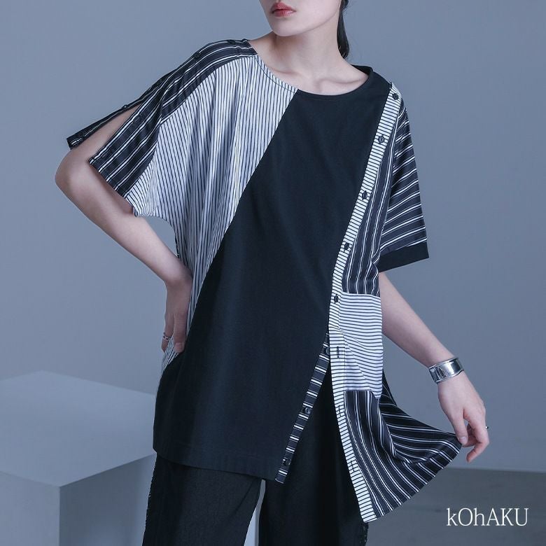 kOhAKUストライプ柄切替ボタン開きアシメTシャツ』