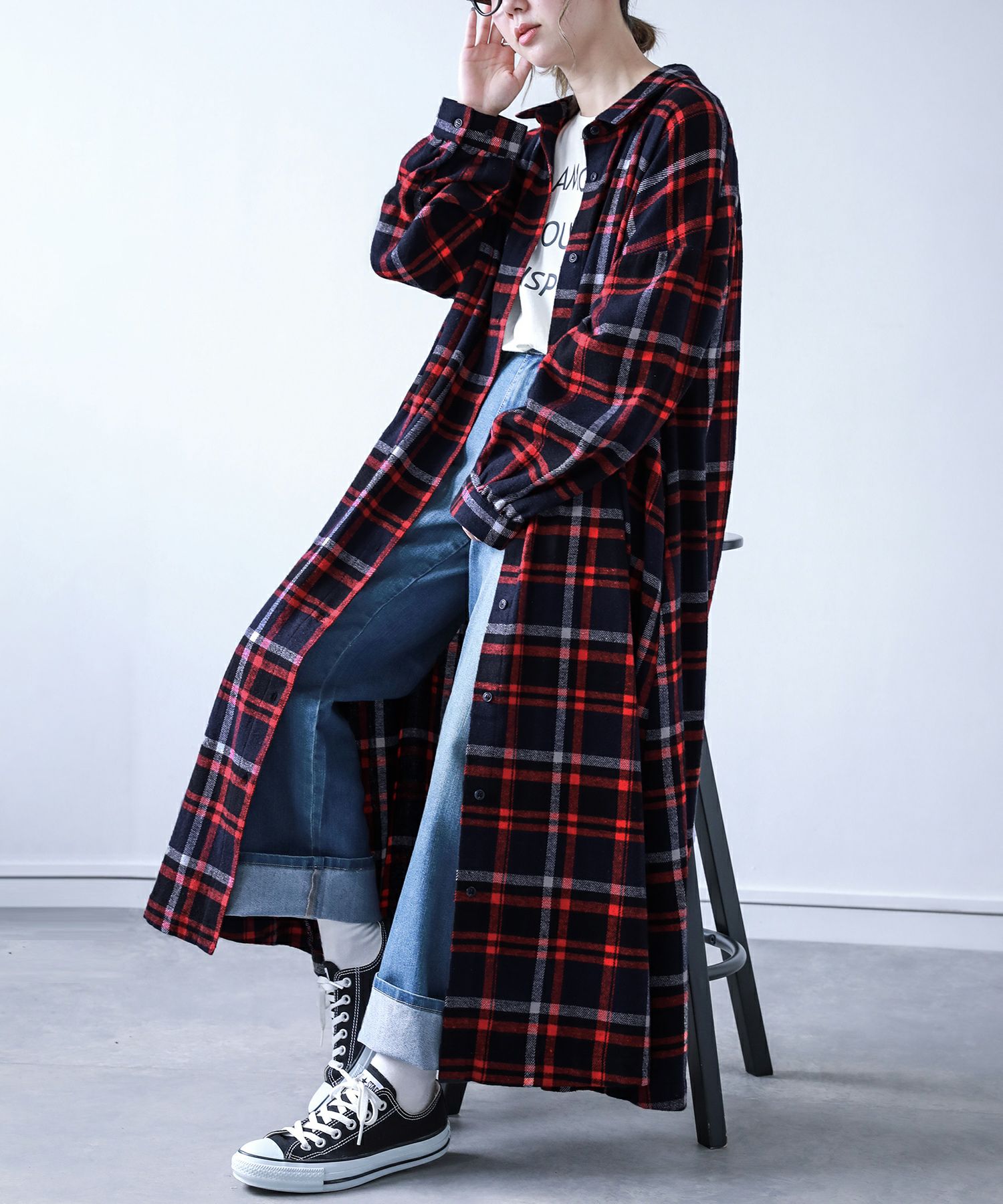 n'OrLABELチェック柄フランネルシャツワンピース』