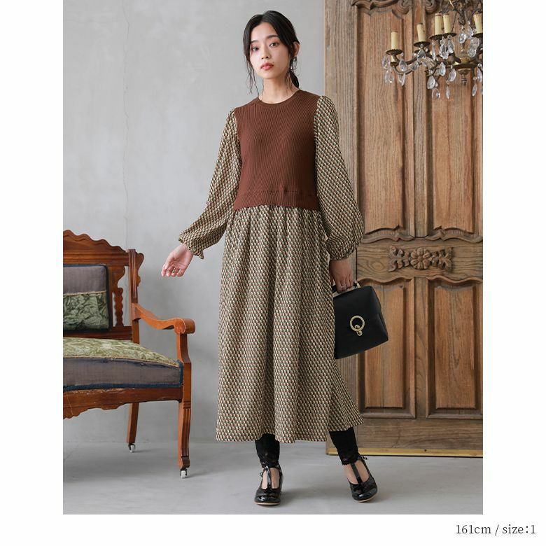 n'OrLABELニットドッキング幾何学柄ワンピース』レディース