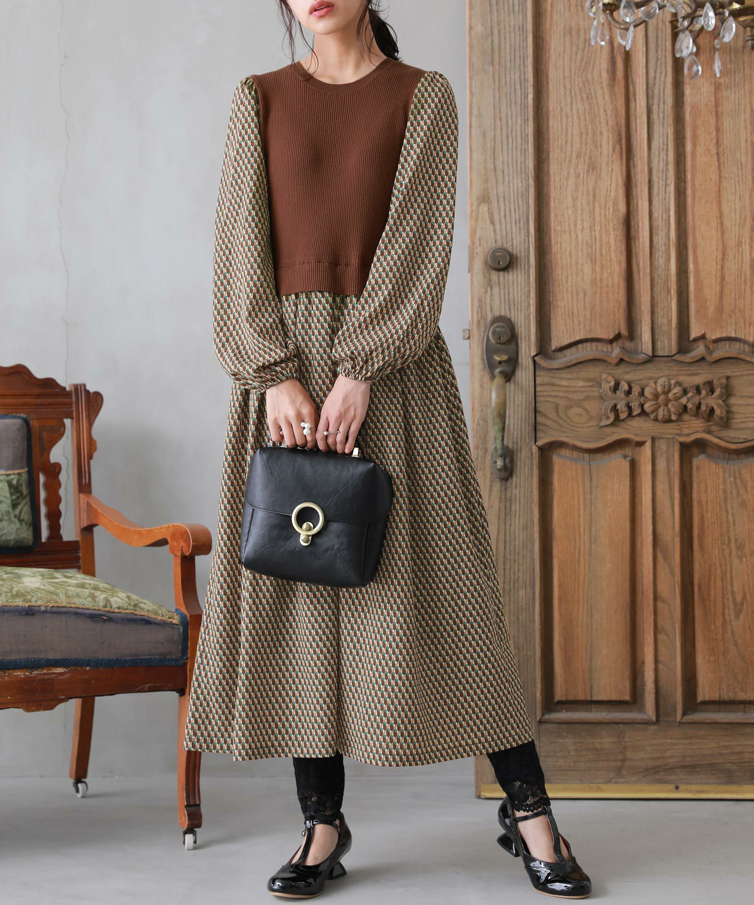 n'OrLABELニットドッキング幾何学柄ワンピース』レディース