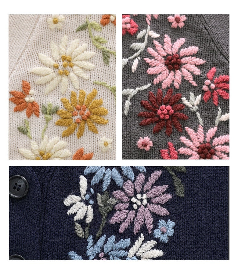 カラーごとに厳選された5色の刺繍糸による立体手刺繍。アイボリー、チャコール、ネイビーそれぞれに最適な色合わせを施し、温かみあふれる手刺繍ならではの表情を楽しめます。