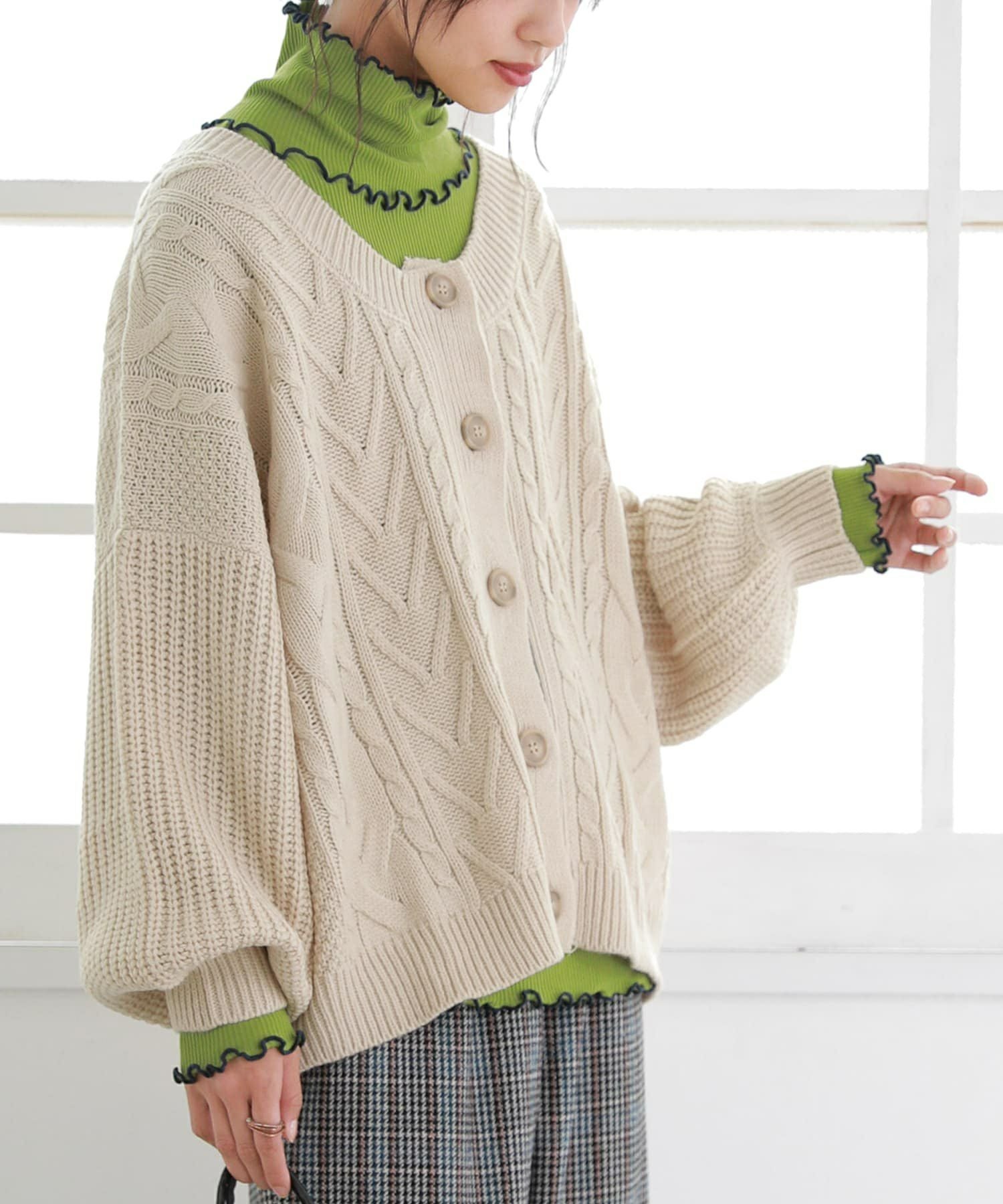 n'OrLABEL裏起毛配色メローリブタートルネックカットソー』