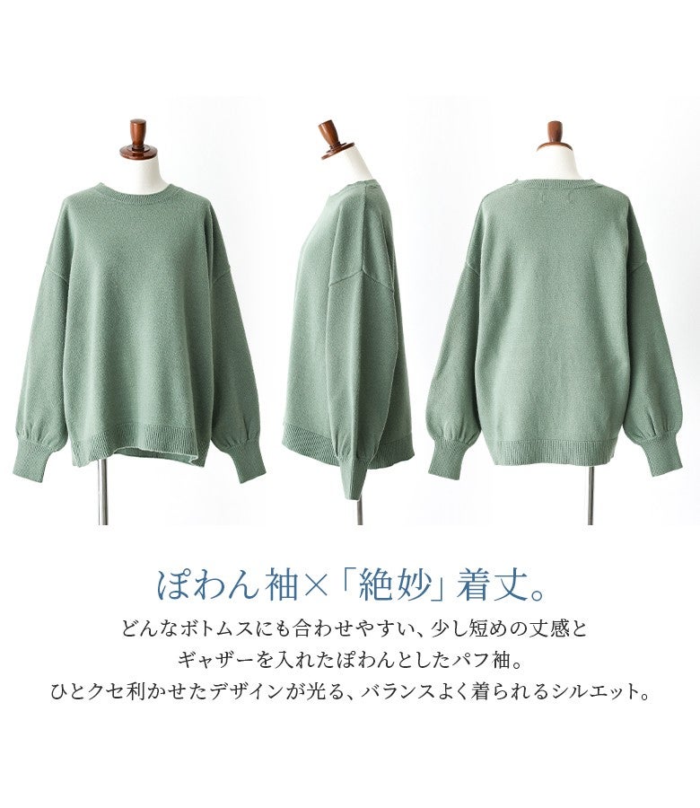ボトムスを選ばない絶妙な短め着丈とギャザーを効かせたぽわん袖。ひとクセ効かせたシルエットがバランス良く映え、パンツにもスカートにも合わせやすいデザインです。