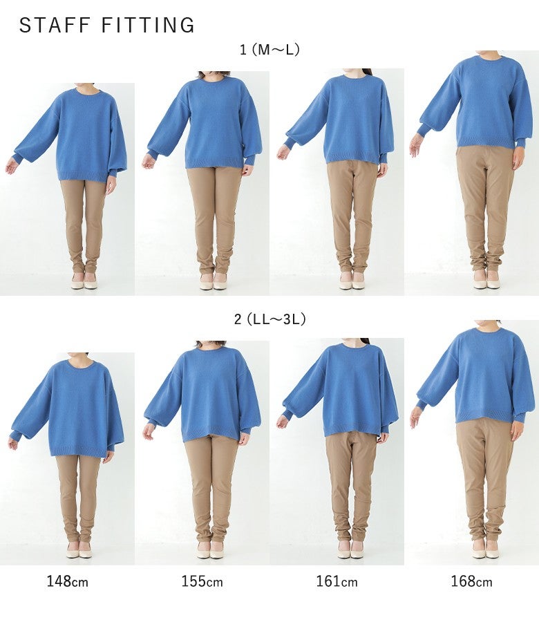 1(M～L)と2(LL～3L)の2サイズにおける着用時の着丈や袖のたまり感、全体のシルエットの違いを確認でき、自分にぴったりのサイズ選びに役立ちます。
