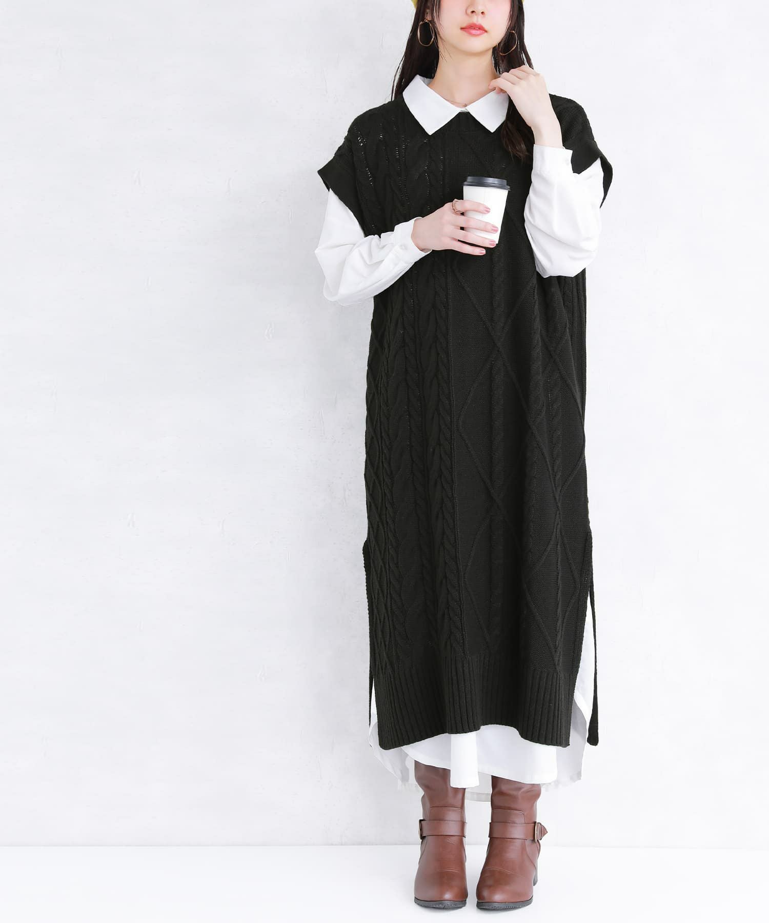 n'OrLABELケーブル編みロングニットベスト』