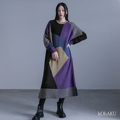 kOhAKU(コハク)カラーブロッキングジャカードニットワンピース