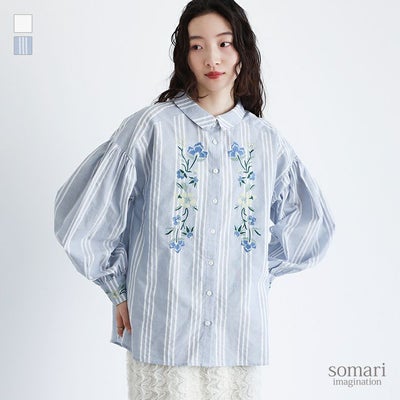 somari imagination(ソマリイマジネーション)花柄刺繍ボリューム袖シャツブラウス