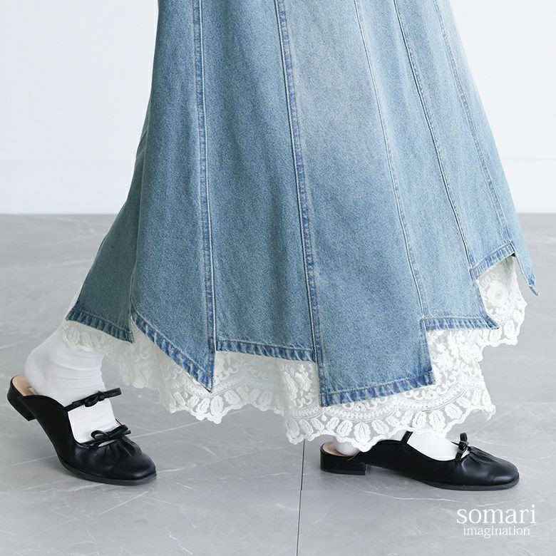 somari imaginationレースペチ付きアシメ切替デニムスカート』