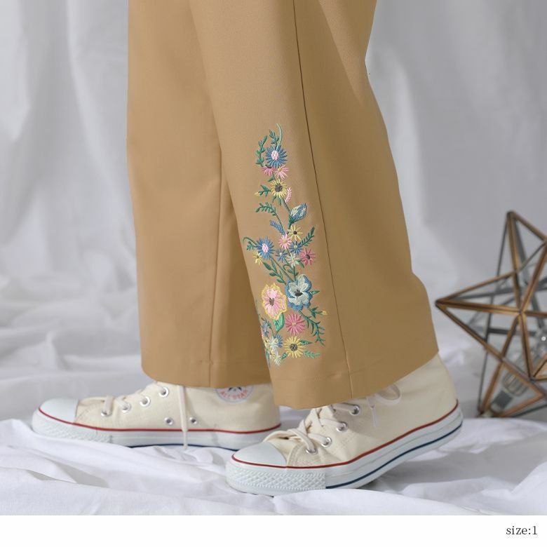 GO TO HOLLYWOOD サイド花柄刺繍 ベージュ ロングパンツ somari imagination花柄刺繍ストレートワイドパンツ』