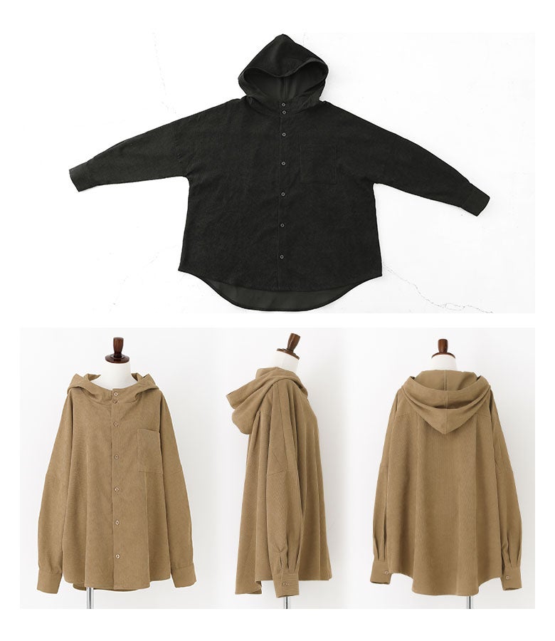 ブラックとベージュのカラー展開。前開きデザインで羽織りとしても着回せる、細部までこだわりが詰まったフード付きコーデュロイシャツ。