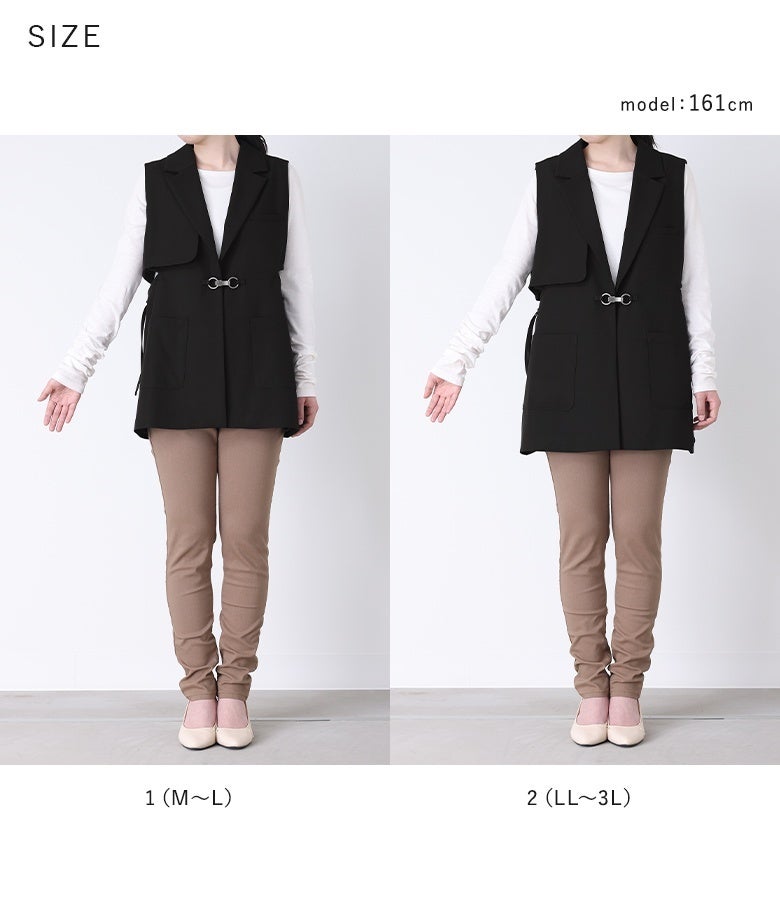好みやスタイルに合わせて選べる1(M～L)と2(LL～3L)の2サイズ展開。身体のラインを拾いにくい綺麗な縦ラインフォルムで、スマートなレイヤードを叶えてくれます。