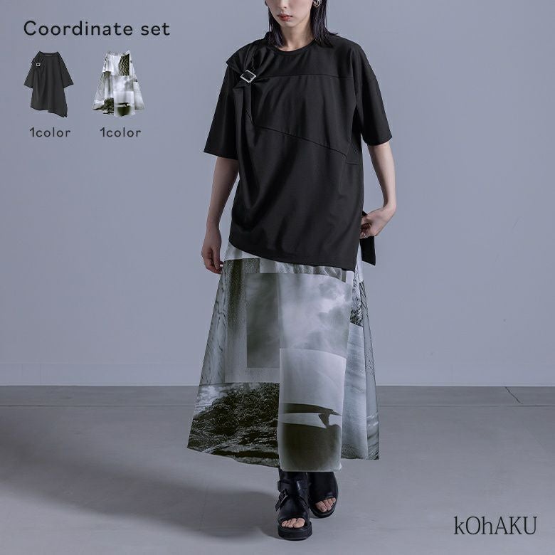 ねじりアシメTシャツ×プリントフレアスカートコーデ2点SET