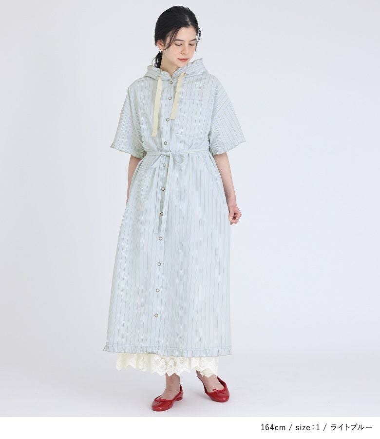 somari imaginationストライプ柄フリルフード付きシャツワンピース』