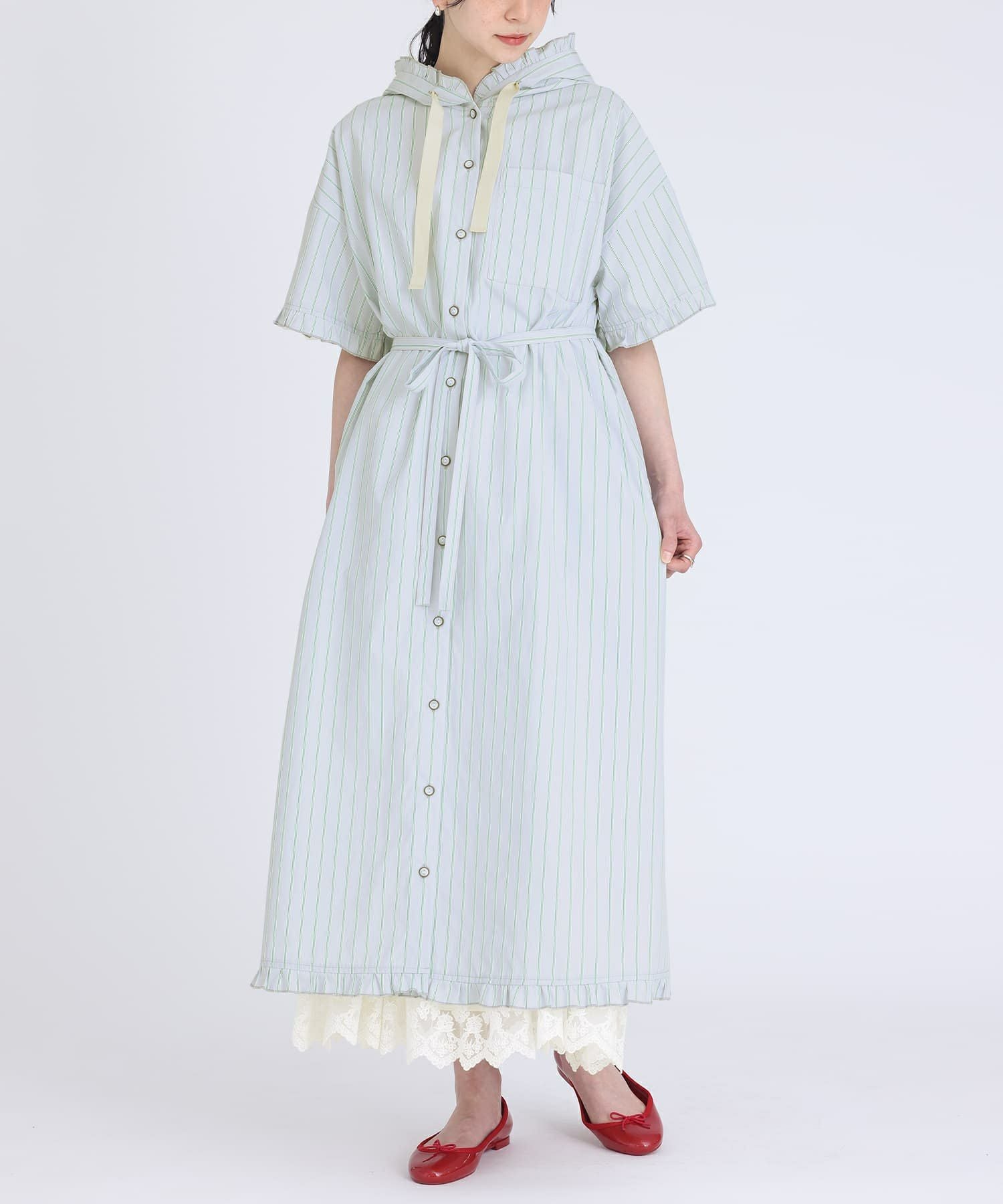 somari imaginationストライプ柄フリルフード付きシャツワンピース』