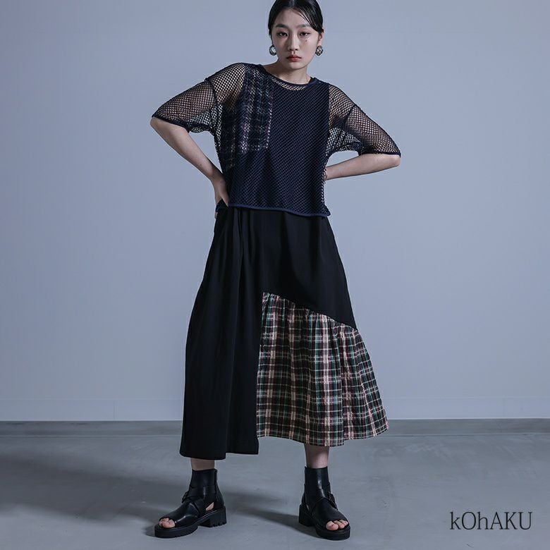 kOhAKUメッシュTシャツ×チェック柄切替タンクワンピースセット』