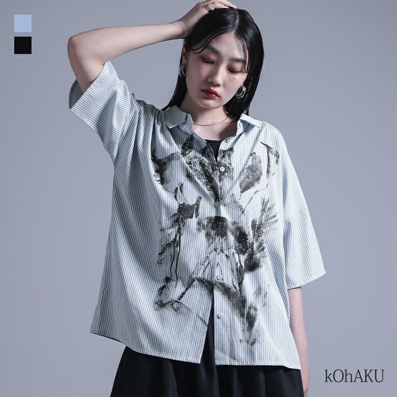 kOhAKUかすれプリントストライプ柄シャツ』