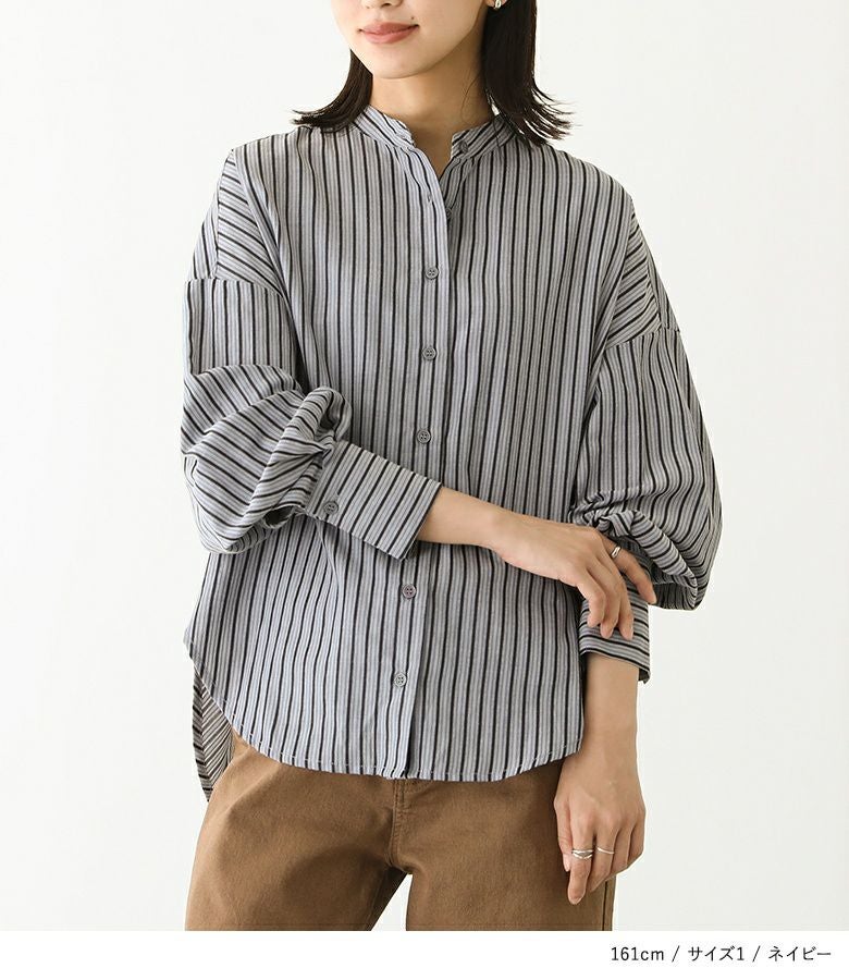 美品 アドーア バンドカラー コットン ストライプ柄 フレア シャツ n'OrLABELバンドカラーストライプ柄シャツ』