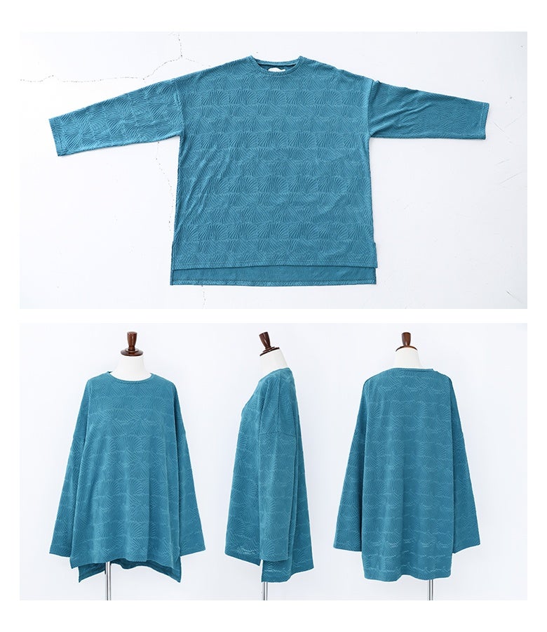 ゆったりとしたドロップショルダーと平置きでも美しいボックスシルエット。着るだけでこなれたリラックス感を演出するジャカードロンTです。