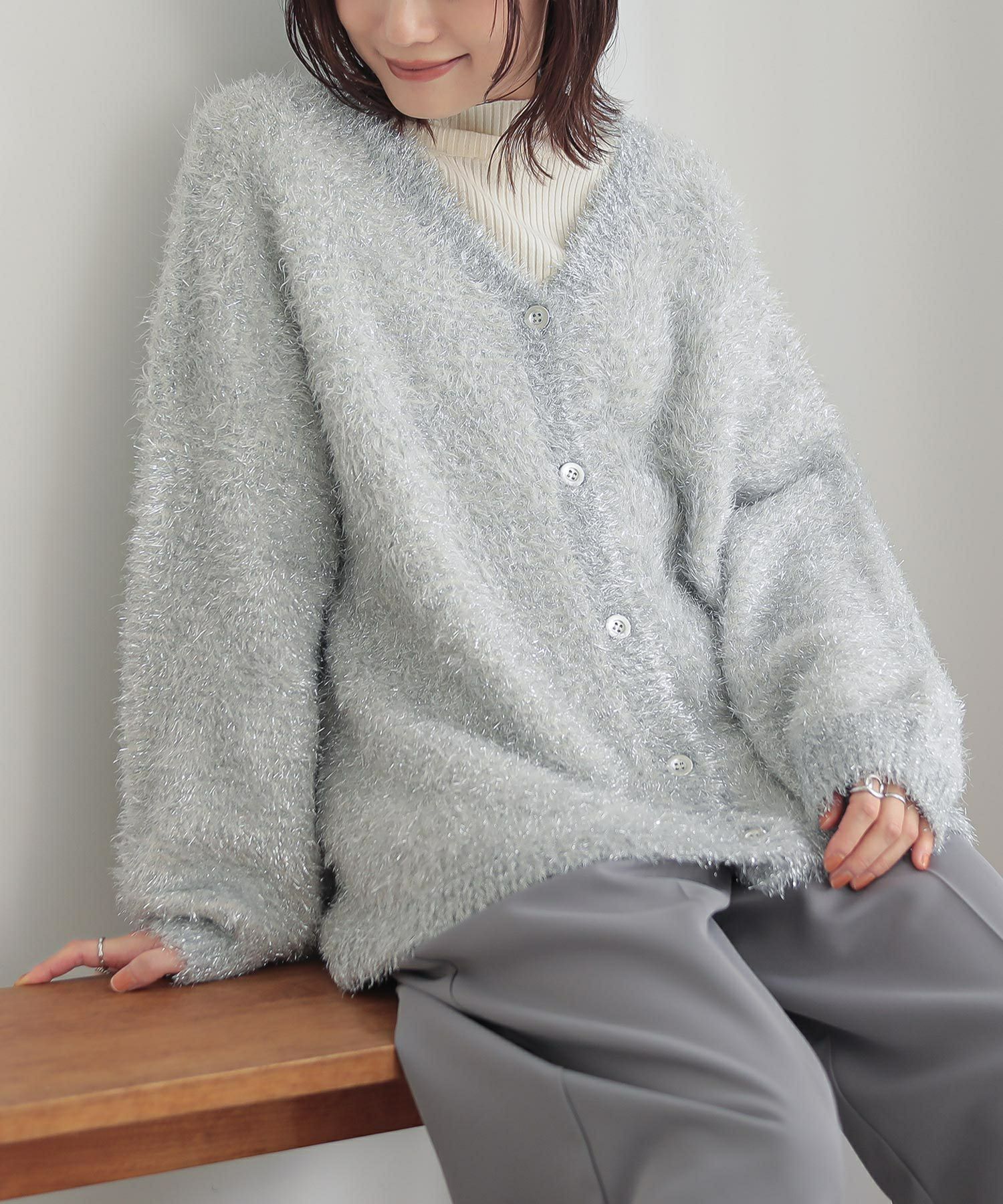 クレージュ カーディガン アンサンブル ニット カシミヤ98% ロゴ刺繍 ラメ courreges クレージュ ロゴ アンサンブル カーディガン ネイビー 9R