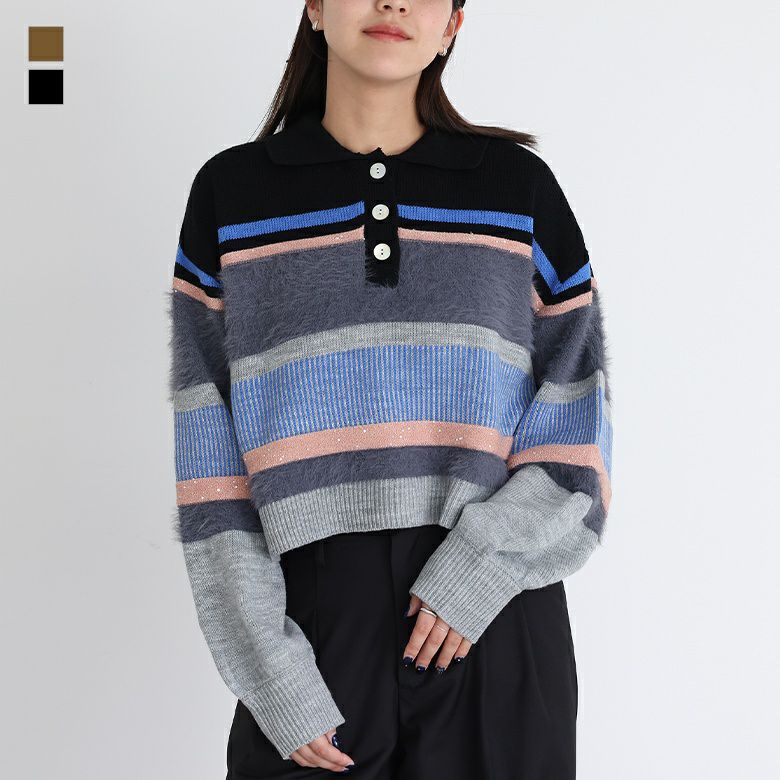 異素材マルチボーダーショートプルオーバー