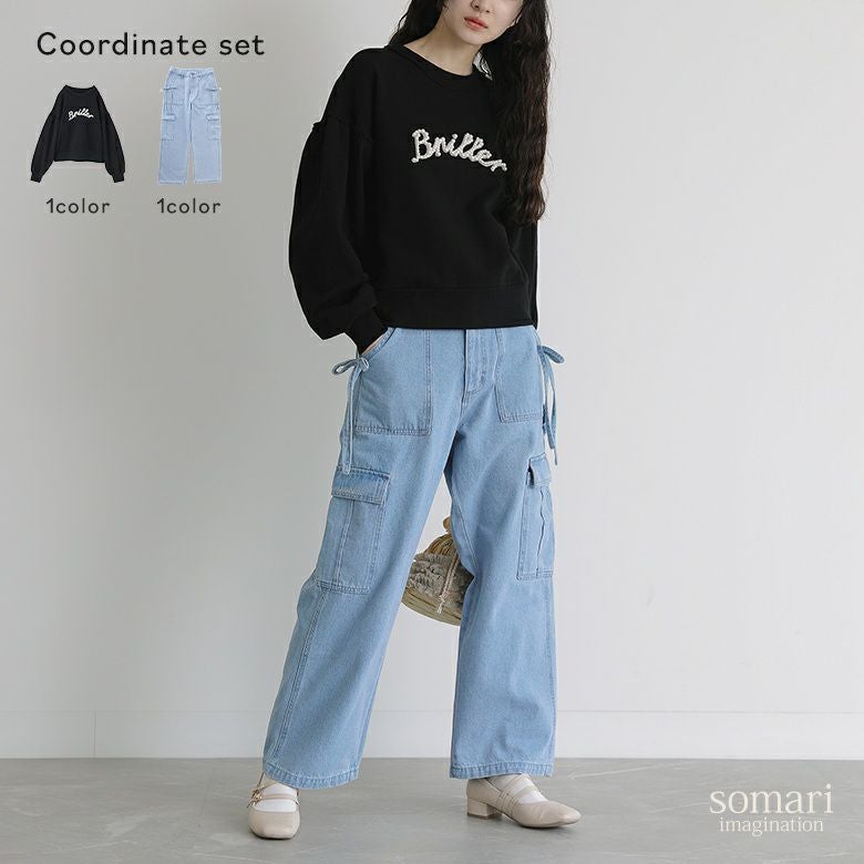 フェイクパールロゴスウェット×リボン付きデニムペインターパンツ