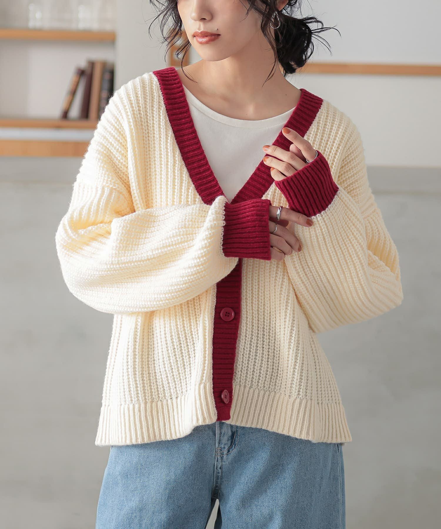 45R 縮絨ウール ニット カーディガン 赤 3(L相当) Prime-Over Distressed Knit Collared Cardigan