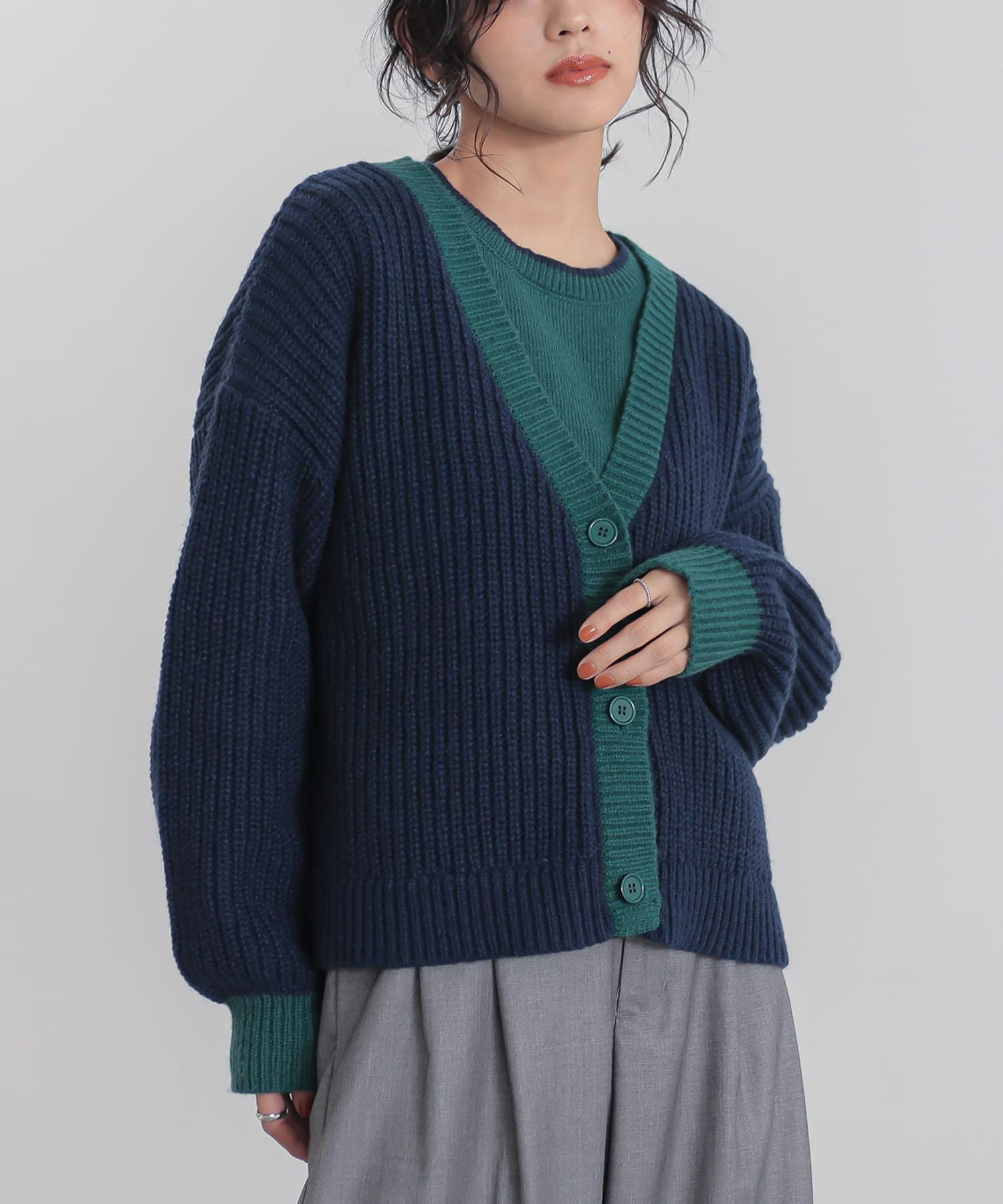 n'OrLABEL配色片畦編みニットカーディガン』