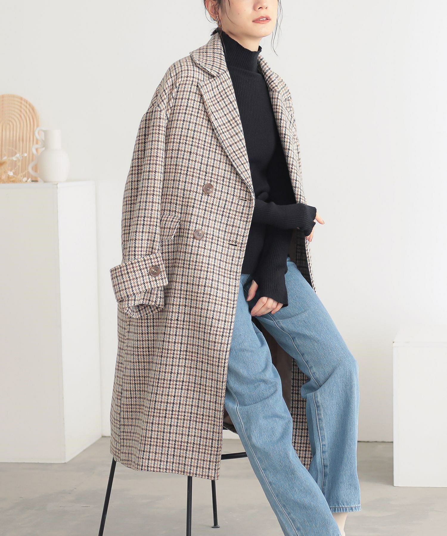 n'OrLABELチェック柄ダブルテーラードコート』