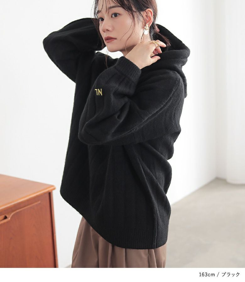 n'OrLABEL刺繍ロゴ入りワイドリブニットパーカー』