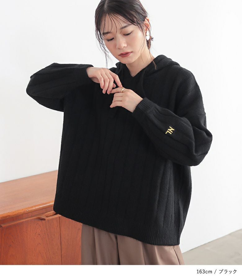 n'OrLABEL刺繍ロゴ入りワイドリブニットパーカー』